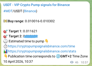 Binance pump signal data for MDT at 10 April 2026, 11:31