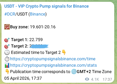 Crypto trading signal proof: DCR pump on Binance, 10 April 2026, 11:42