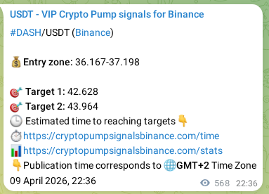 Authenticated DASH pump signal on Binance, 10 April 2026, 14:22