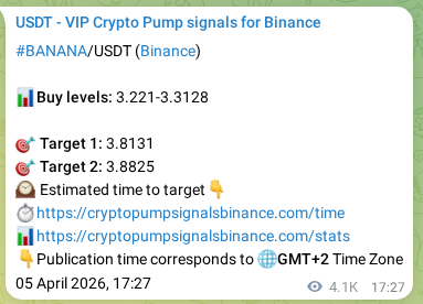 Live proof of BANANA pump signal on Binance, 10 April 2026, 16:11