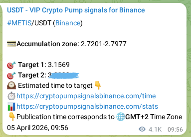 Binance trading signal confirmation for METIS pump, 10 April 2026, 17:38