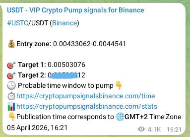 Real-time verification of USTC pump signal on Binance, 10 April 2026, 20:35