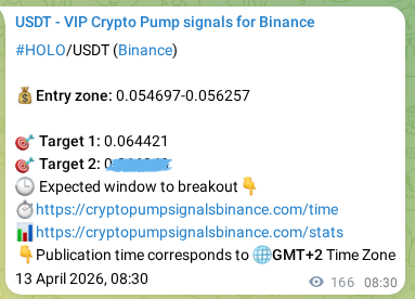 Crypto trading signal proof: HOLO pump on Binance, 13 April 2026, 13:06