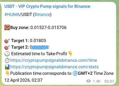 Verification image for HUMA pump signal on Binance at 13 April 2026, 16:10