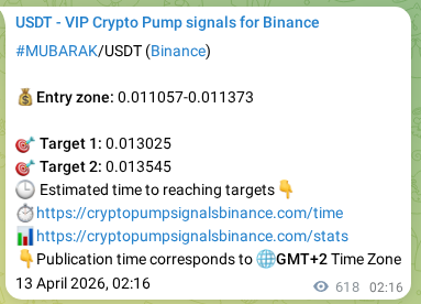 MUBARAK pump verification image from Binance, 13 April 2026, 19:25