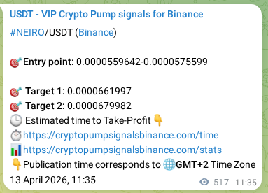 Binance trading signal proof for NEIRO pump, 14 April 2026, 01:57