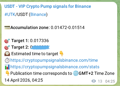 Real-time proof of UTK pump signal on Binance, 14 April 2026, 04:25