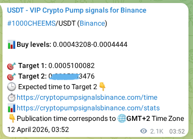 Authenticated proof of 1000CHEEMS's pump signal on Binance, 14 April 2026, 13:23