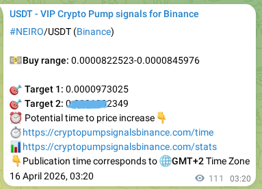Binance pump signal confirmation for NEIRO at 16 April 2026, 06:10