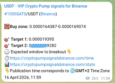Probability confirmation: 1000SATS trading signal success on Binance, 16 April 2026, 14:26