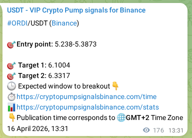 Execution validation: ORDI pump signal timing on Binance, 16 April 2026, 14:38