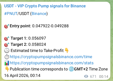 Trading signal proof: PNUT pump from Binance, 16 April 2026, 18:27