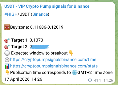 Authenticated proof of HIGH's pump signal on Binance at 18 April 2026, 01:55