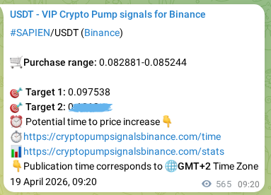 Proof of SAPIEN pump signal on Binance at 20 April 2026, 00:03