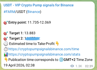 Crypto signal proof: FARM pump on Binance, 20 April 2026, 15:15