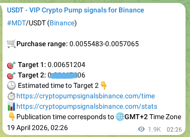 Real-time proof of MDT pump signal on Binance, 21 April 2026, 08:08