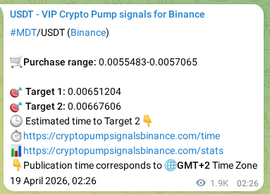 Crypto trading signal proof: MDT pump on Binance, 21 April 2026, 08:09