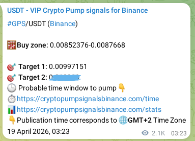 Crypto signal proof: GPS pump on Binance, 21 April 2026, 13:38