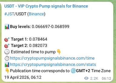 Live proof of JST pump signal on Binance, 21 April 2026, 19:20