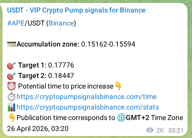 Crypto pump signal proof: APE on Binance, 28 April 2026, 09:33