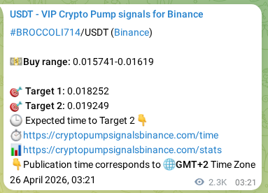 Crypto trading signal proof: BROCCOLI714 pump on Binance, 28 April 2026, 18:49