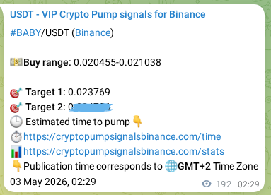 Proof of BABY pump signal on Binance at 03 May 2026, 07:49
