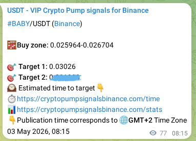 Authenticated proof of BABY's pump signal on Binance at 03 May 2026, 10:10
