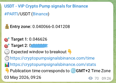 Trading signal proof: PARTI pump from Binance, 03 May 2026, 11:14