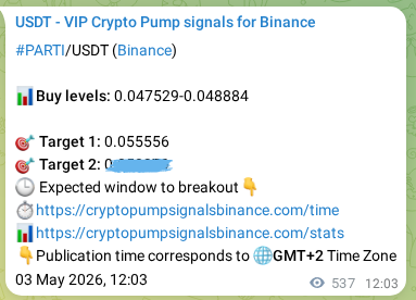 Proof of PARTI pump signal on Binance at 04 May 2026, 02:26