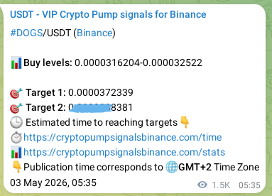 Proof of DOGS pump signal on Binance at 05 May 2026, 00:13