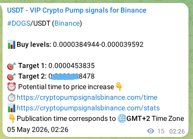 Trading signal proof: DOGS pump from Binance, 05 May 2026, 02:51