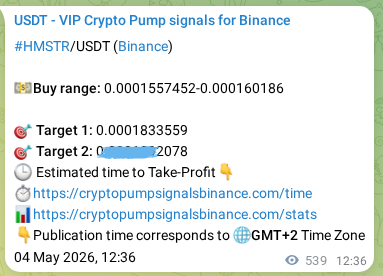 Binance pump signal data for HMSTR at 05 May 2026, 03:34