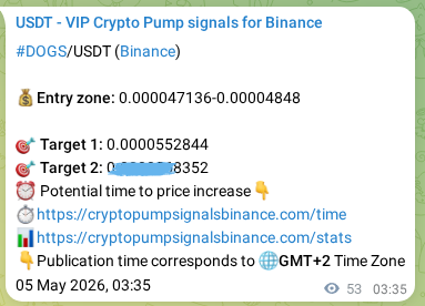 Crypto trading signal proof: DOGS pump on Binance, 05 May 2026, 04:32