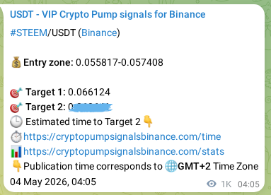 Crypto signal proof: STEEM pump on Binance, 05 May 2026, 08:38