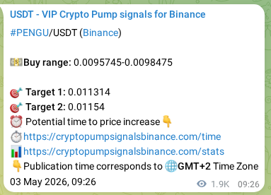 Crypto pump signal confirmation: PENGU on Binance, 05 May 2026, 15:31