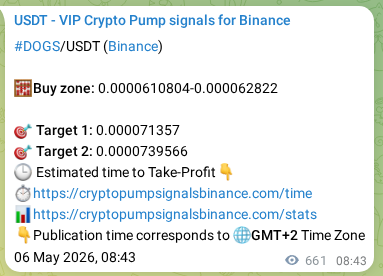 Authenticated proof of DOGS's pump signal on Binance at 07 May 2026, 03:04