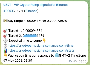 Trading signal proof: DOGS pump from Binance, 07 May 2026, 04:45