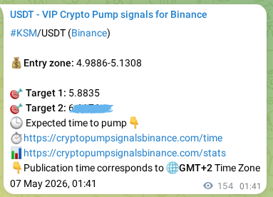 Real-time proof of KSM pump signal on Binance, 07 May 2026, 05:58