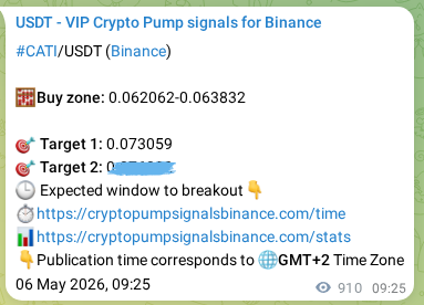 Crypto signal proof: CATI pump on Binance, 07 May 2026, 10:42