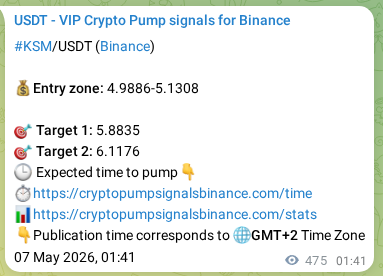 Crypto trading signal verification: KSM pump on Binance, 07 May 2026, 14:52