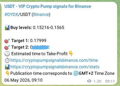 Binance trading signal confirmation for DYDX pump, 07 May 2026, 19:09