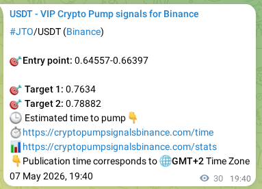 Trading signal verification: JTO pump from Binance, 07 May 2026, 19:33