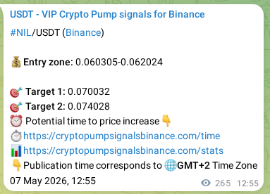 Real-time verification of NIL pump signal on Binance, 07 May 2026, 20:02
