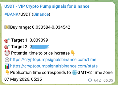 Trading signal proof for BANK on Binance, 07 May 2026, 23:25