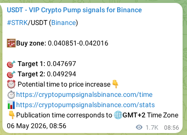 Binance pump signal data for STRK at 08 May 2026, 09:02
