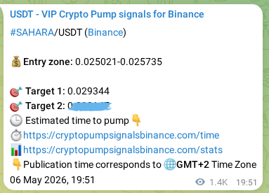 Crypto trading signal proof: SAHARA pump on Binance, 08 May 2026, 11:32