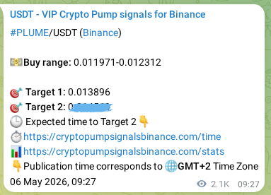 Crypto trading signal verification: PLUME pump on Binance, 08 May 2026, 18:54