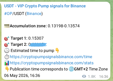 Live proof of OP pump signal on Binance, 08 May 2026, 19:06
