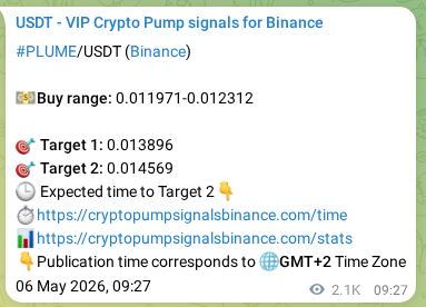 Authenticated proof of PLUME's pump signal on Binance, 08 May 2026, 20:57