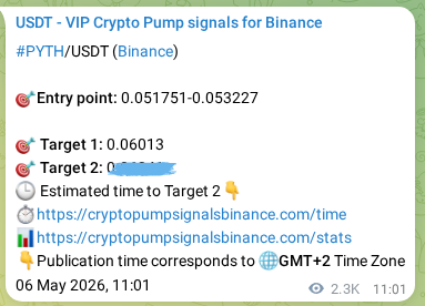 Trading signal proof: PYTH pump from Binance, 09 May 2026, 03:37